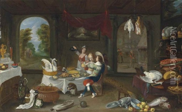 An Interior With A Cavalier And Lady Seated In Conversation At A Repast, With A Servant Pouring Wine And Two Monkeys, Surrounded By Food And Crockery In Disarray Oil Painting - Christoffel Jacobsz. Van Der Lamen