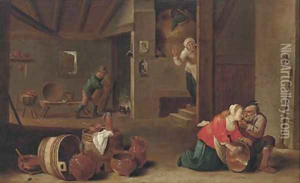A kitchen interior with peasants Oil Painting - Cornelis Mahu