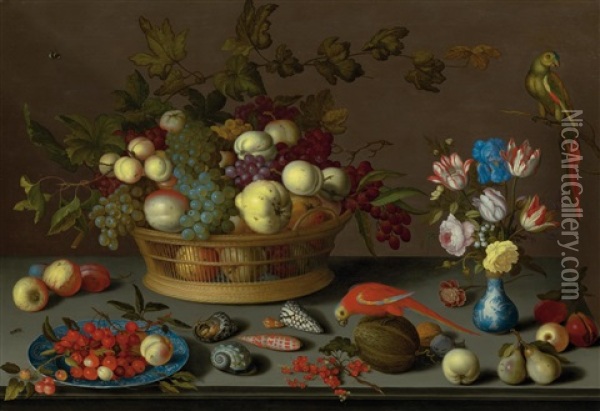 Large Still Life With Fruit On A Delft Plate, Seashells, Insects, Flowers In A Wanli Vase And Two Parrots Oil Painting - Balthasar Van Der Ast