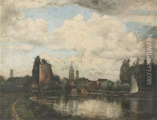 Sommerliche Flussuferpartie Am Rande Von Brugge Oil Painting - Francois-Charles Vuillermet