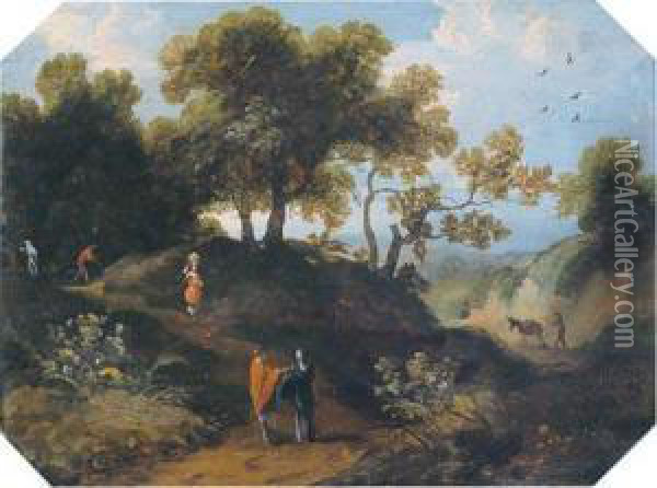 Paesaggio Boschivo Collinare Con Figure Di Contadini Oil Painting - Cornelis Huysmans