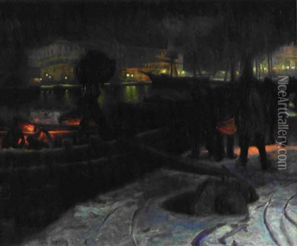 Kvall I Hamn - Stockholm Oil Painting - Axel Sjoeberg