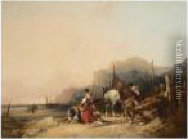 Unloading The Catch, Near Benchurch, Isle Of Wight Oil Painting - Snr William Shayer