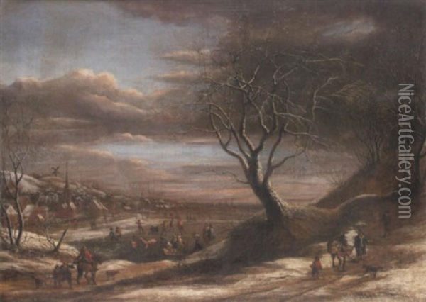 A Winter Landscape With Travellers On A Path And Figures Skating On A Lake, A View To A Village Beyond Oil Painting - Theodore van Heil