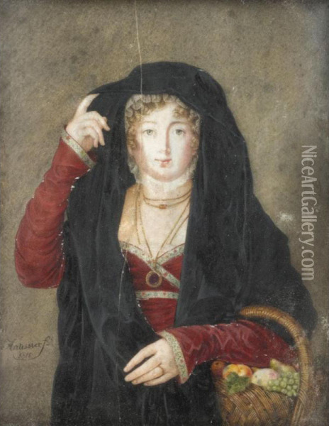 Portrait Of A Lady, Half Length, Holding A Basket Of Fruit Oil Painting - Louis Marie Autissier