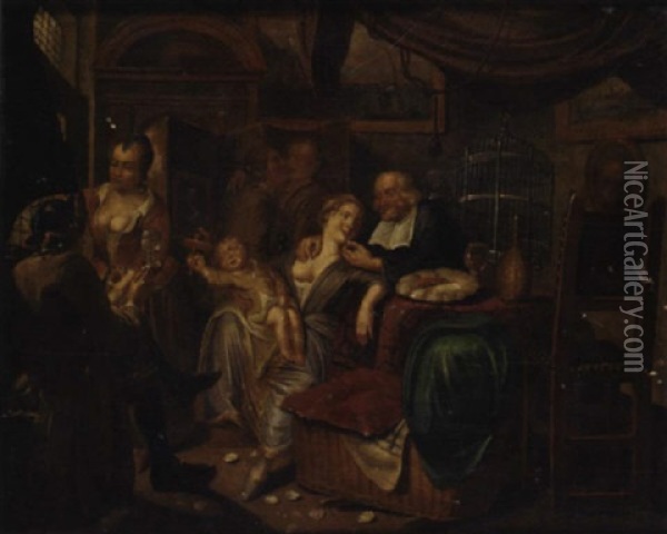 An Interior With A Family Oil Painting - Jan Josef Horemans the Elder