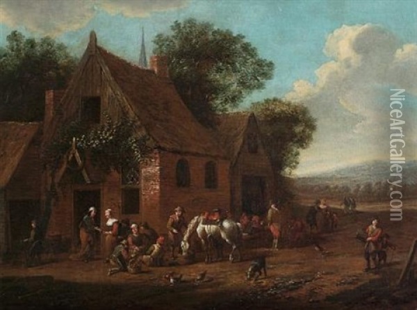 Peasants And Travellers Resting Outside An Inn Oil Painting - Cornelisz van Essen