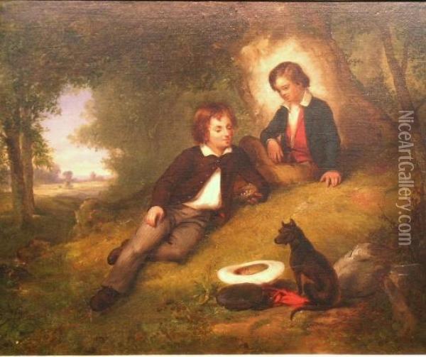 Two Young Boys In A Forest Clearing Examining A Bird's Nest Oil Painting - James Henry Cafferty