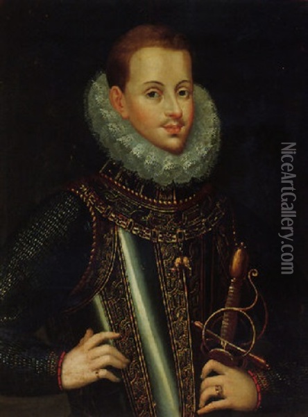 Portrait Of Philip Iii Of Spain Wearing Armour And The Order Of The Golden Fleece Oil Painting - Bartolome Gonzalez