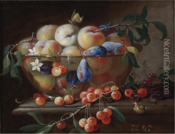 Still Life With Peaches And Plums In A Glass Bowl, Resting On A Table With Cherries And A Snail Oil Painting - Francesco Della Questa
