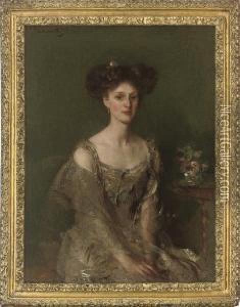 Portrait Of Emmy Mylne, Seated Three-quarter-length, In A Taupe Dress Oil Painting - Edward Arthur Walton
