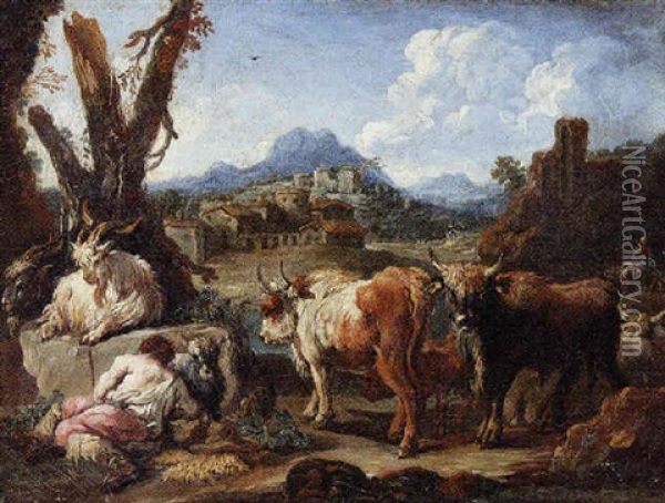 An Extensive Italianate Landscape With A Neatherd Resting In The Foreground Oil Painting - Nicolas-Jacques Juliard