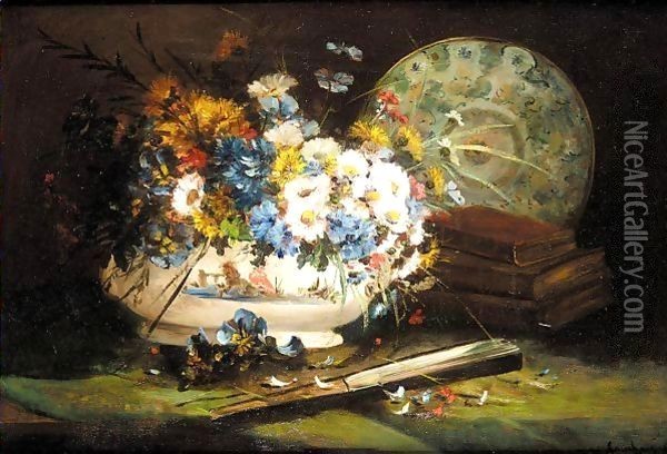 Still life of daisies and pansies in a vase Oil Painting - Eugene Henri Cauchois