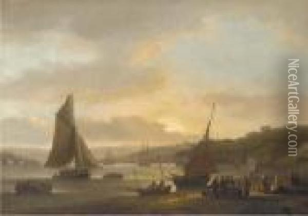 Shipping On The River Dart At Dittisham With Women Selling Fish Inthe Foreground Oil Painting - Thomas Luny