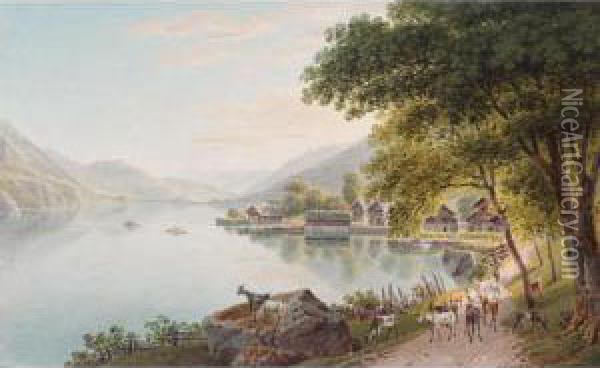 A Herd Of Goats By A Lake, Switzerland Oil Painting - Gabriel I Lory