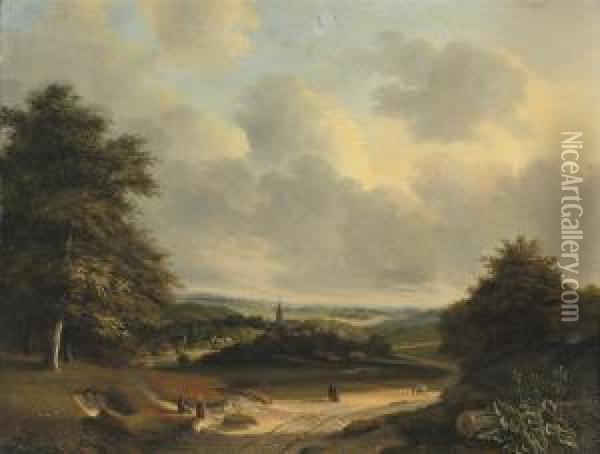 An Extensive Summerlandscape With A View Of A Small Village Oil Painting - Cornelis Marinus W. Mongers