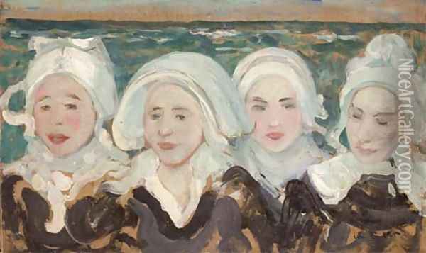 Quatre tetes de bretonnes devant la mer Oil Painting - Charles Cottet