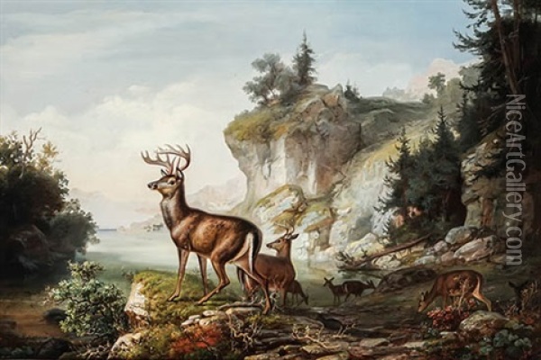 View In Catskills With Deer Oil Painting - Ernst Lotichius