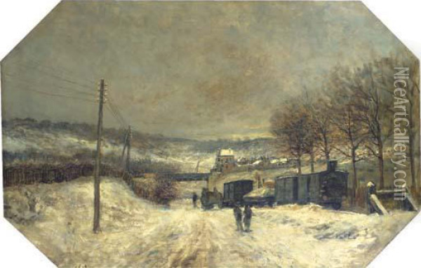 Walking Towards A Snow Covered Town Oil Painting - Paul Vogler