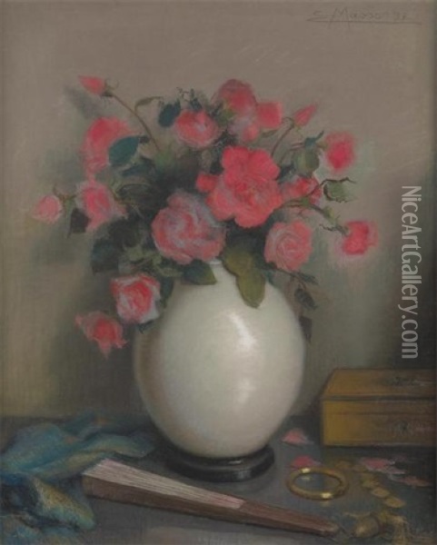 Vase Fleuri De Roses Avec Eventail En Avant-plan Oil Painting - Edouard Masson