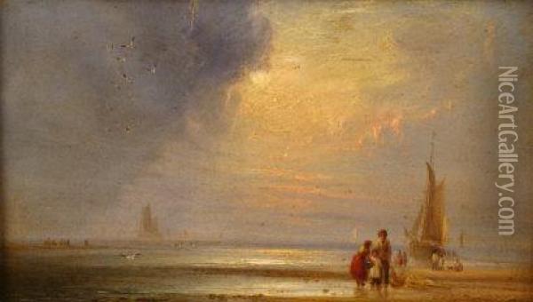 A Coastal Scene With Children On The Beach With Nets Oil Painting - William Crawhall