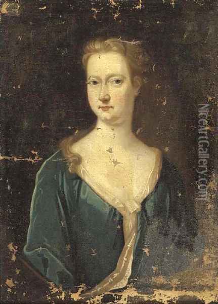 Portrait of a lady, bust-length, in a blue jacket Oil Painting - English School