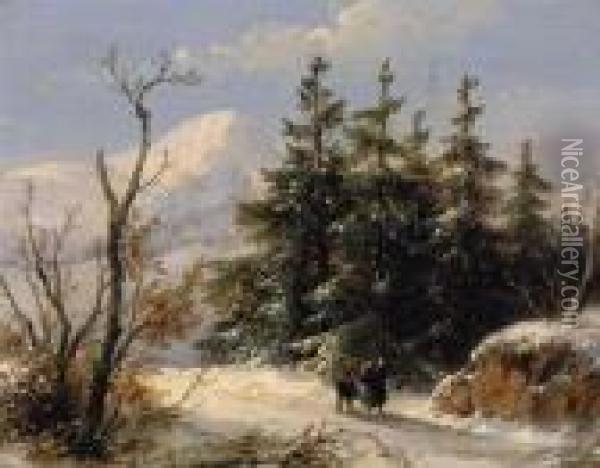 Wanderers On A Snow Covered Path Oil Painting - Andreas Schelfhout