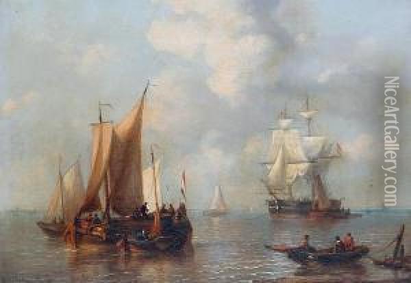 Dutch Shipping At Anchor Oil Painting - George Willem Opdenhoff