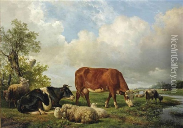 Resting Cattle In A Meadow Oil Painting - Hendrik van de Sande Bakhuyzen