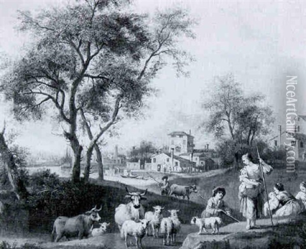 An Extensive River Landscape With Shepherdesses And Cow-herds Teanding Their Animals Oil Painting - Giovanni Battista Cimaroli