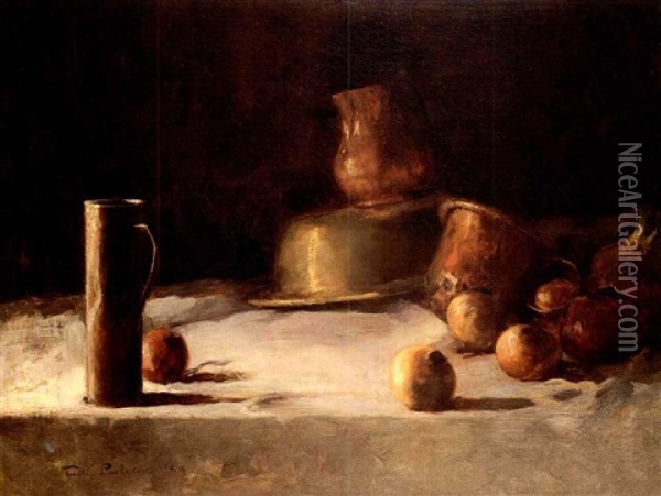 Still Life With Brass And Copper Pots, Onions And An        Apple On A White Cloth Oil Painting - Emil Carlsen