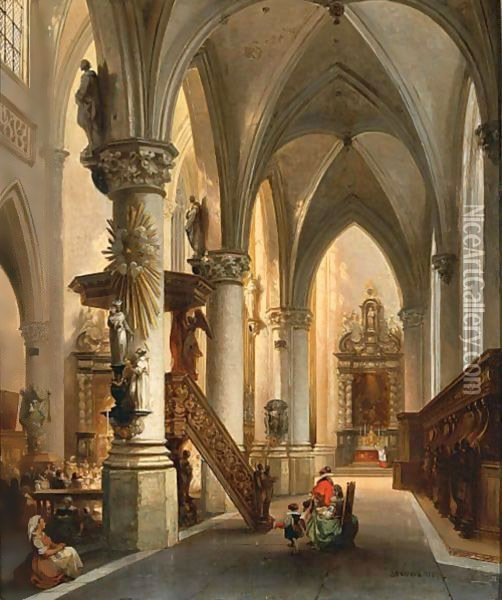 Figures In A Church Interior Oil Painting - Jules Victor Genisson