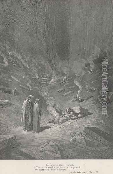 The arch-heretics are here, (Canto IX., line 125) Oil Painting - Gustave Dore
