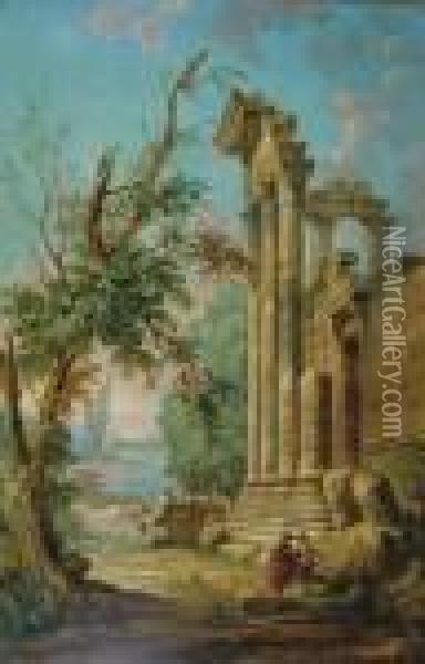 Figures Among Classical Ruins Oil Painting - Hubert Robert