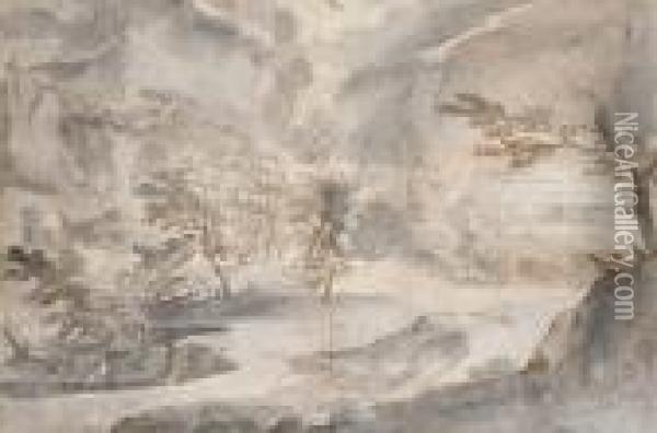 Paysage Avec Des Arbres, Un Village Et Une Montagne A L'arriere-plan Oil Painting - Jan Frans Van Bloemen (Orizzonte)