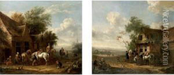Landscapes With Cavaliers Watering Their Horses Outside Taverns Oil Painting - Dirk van Bergen
