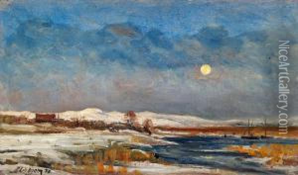 Moonlit Winter Landscape Oil Painting - Berndt Adolf Lindholm