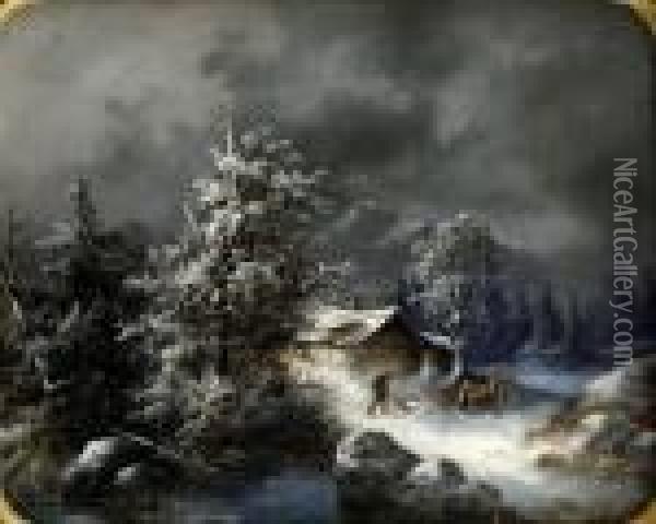 Zimna Krajina S Horskou Chatoua Figuralnou Stafazou Oil Painting - Karl Kaufmann