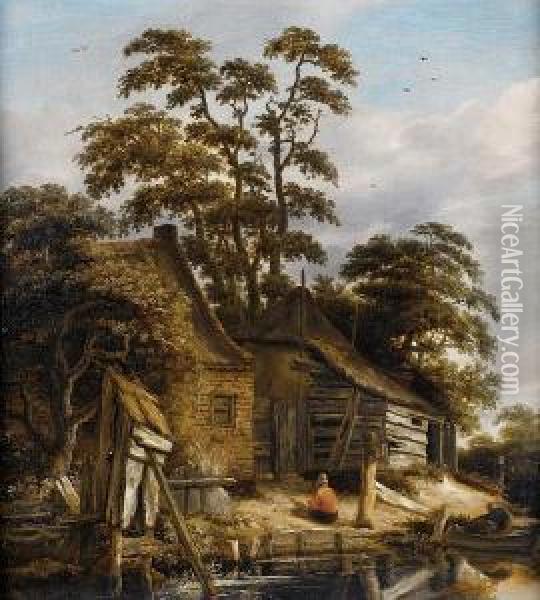 A Wooded River Landscape With A Figure Seatedbefore A Cottage Oil Painting - Roelof van Vries