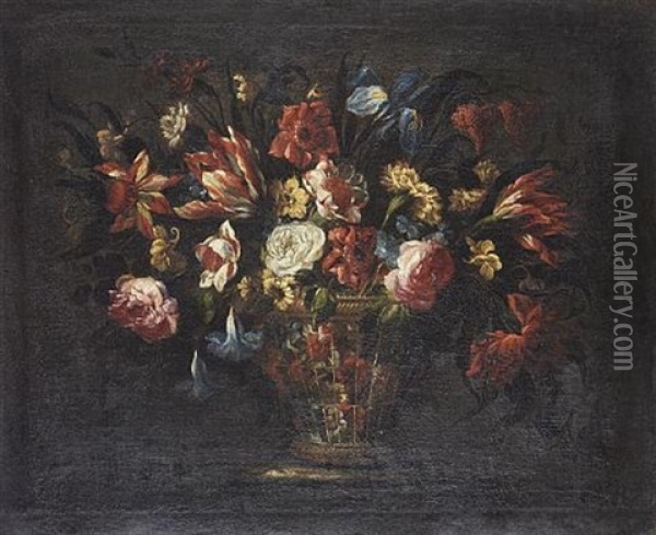 Tulips, Roses, An Iris, Morning Glory And Other Flowers In A Wicker Basket On A Ledge Oil Painting - Juan De Arellano
