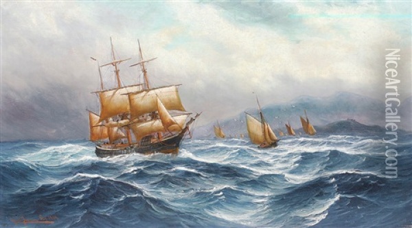 Bark Und Fischerboote Bei Aufkommendem Sturm Vor Der Kuste Oil Painting - Alfred Serenius Jensen