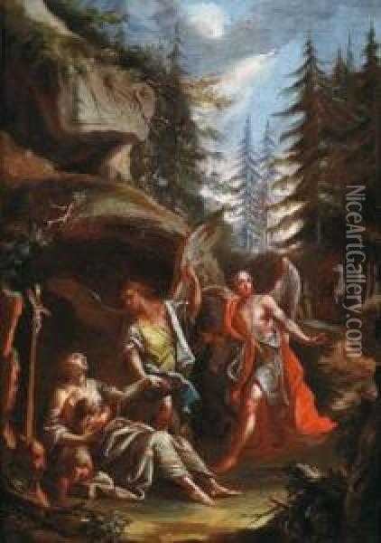 Santa Genoveffa Con Il Figlio E Gli Angeli Nel Bosco Oil Painting - Johannn Jakob Zeiller