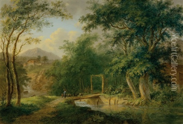 The Rhine Bridge In The Medelsertal Oil Painting - Ludwig Hess