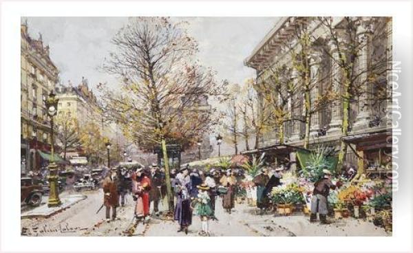 Paris, Le Marche Aux Fleurs Place De La Madeleine Oil Painting - Eugene Galien-Laloue