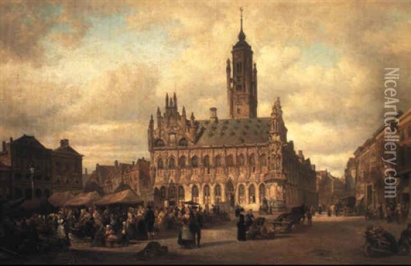 Market Place In Middleburg, Holland Oil Painting - Elias Pieter van Bommel