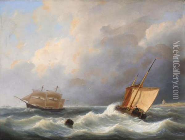 Ships Off The Coast Oil Painting - Johannes Christian Schotel
