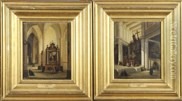 Interieur D'eglise (2 Works) Oil Painting - Emile Pierre Joseph de Cauwer