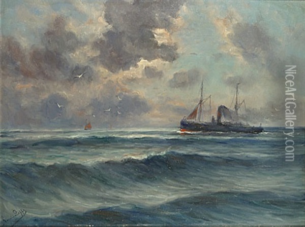 Stoomschip En Zeilboten Op Zee Oil Painting - Romain Steppe
