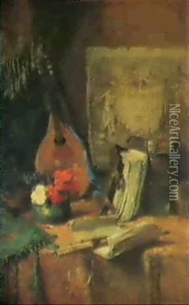 Opstilling Med Blomster, Mandolin Og Boger Oil Painting - Hugo Charlemont