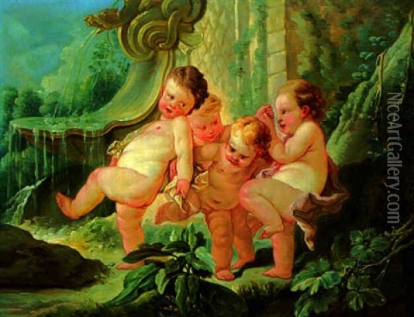 Putti Playing By A Fountain Oil Painting - Jean-Honore Fragonard